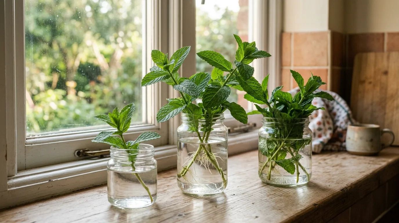 Mint Cuttings in Water Containers